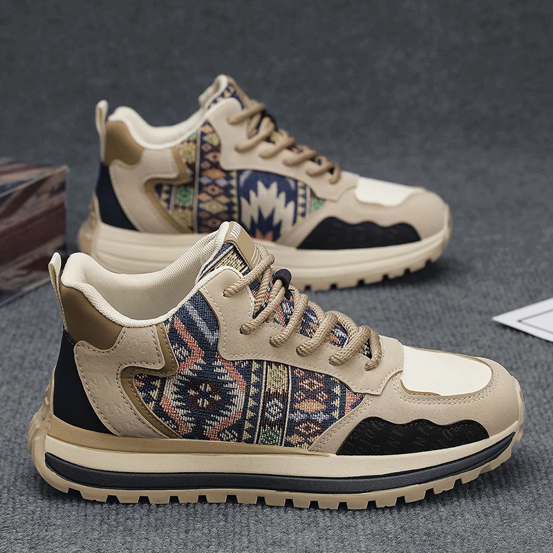 清仓国风刺绣老爹鞋男春季新款舒适布面百搭高帮户外轻便休闲男鞋