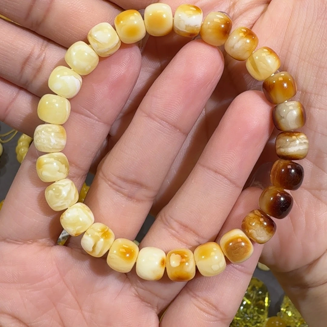 琥珀未镶嵌珠宝奇石8.6m精工老型沁色花蜡手串9.8克