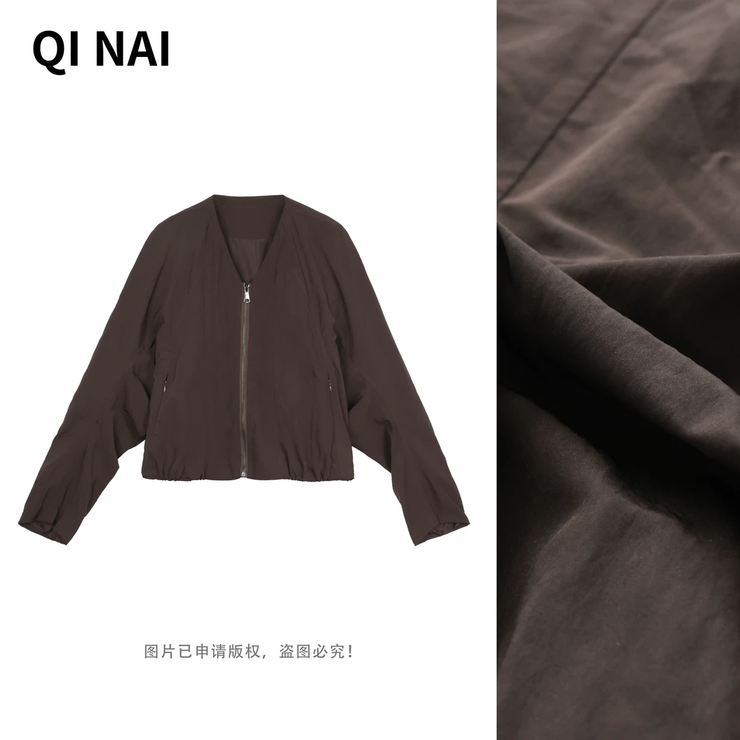 七奈推荐【幕城】文艺复古短款外套松紧下摆纯色开衫上衣QN12268