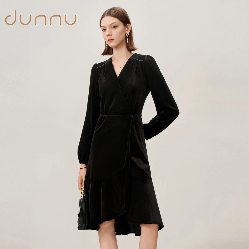 dunnu敦奴尚黑色复古法式收腰女装连衣裙8T352109