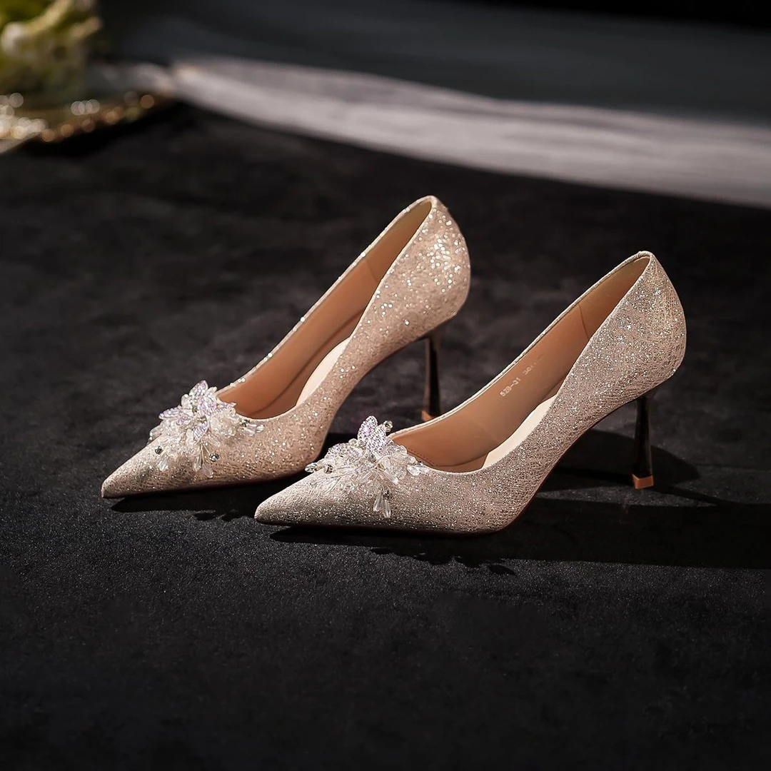 【DR设计师联名】尖头细跟新娘高跟鞋浅口单鞋香槟色水晶新娘结婚