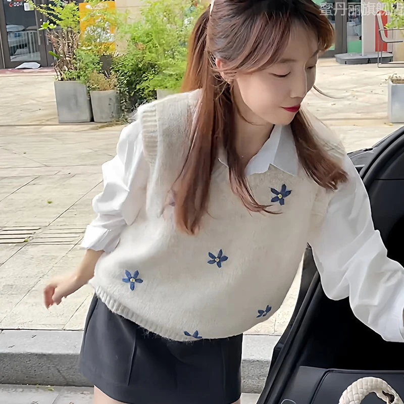 米色坎肩针织叠穿马甲背心女装早秋季韩系毛衣无袖衬衫两件套上衣