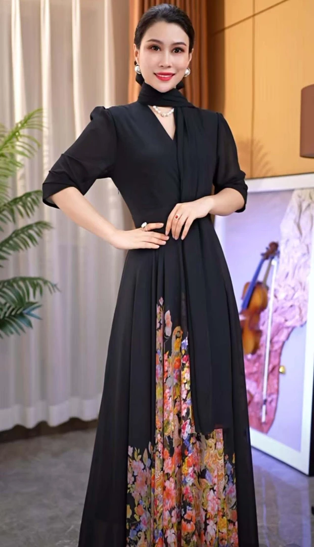 香衣丽华28-377夏季新款单边定位花长款过膝大摆连衣裙修身显瘦