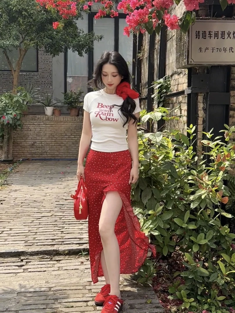 歌幂性感裙子荷叶边包臀成人长裙高腰半身裙开叉碎花中长款AA6332