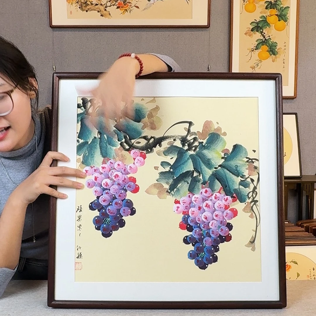 国画纯手绘，纯手写带框尺寸：53×53厘米