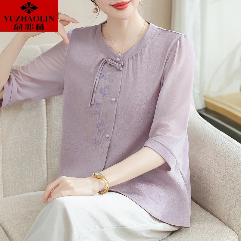 中老年女装妈妈夏装套装2025新款夏季新中式端庄大气短袖雪纺上衣