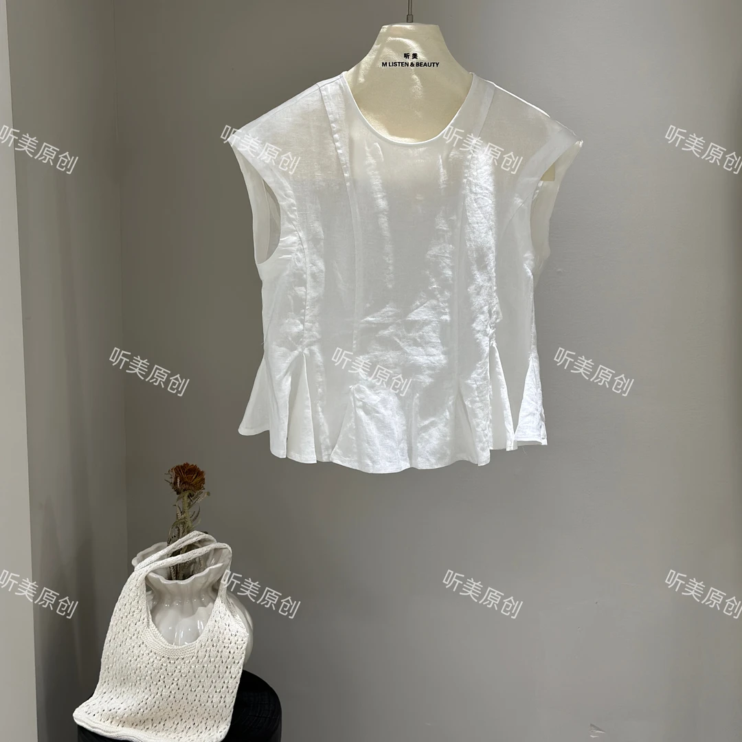 下摆百褶无袖简约圆领上衣