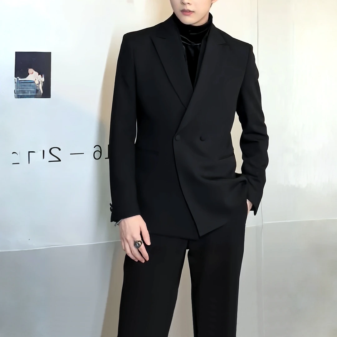 法尔利格潮牌黑色商务西服套装男士冷酷系高级痞帅休闲西装外套