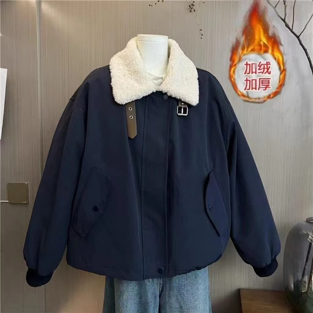 秋冬新款加绒加厚韩系立领拼接小个子外套慵懒风ins风棉服女