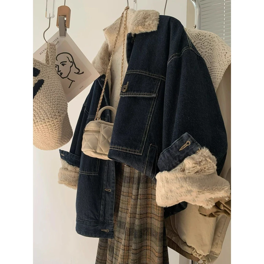加绒加厚港风chic牛仔外套棉服女2025冬季新款复古设计感宽松上衣