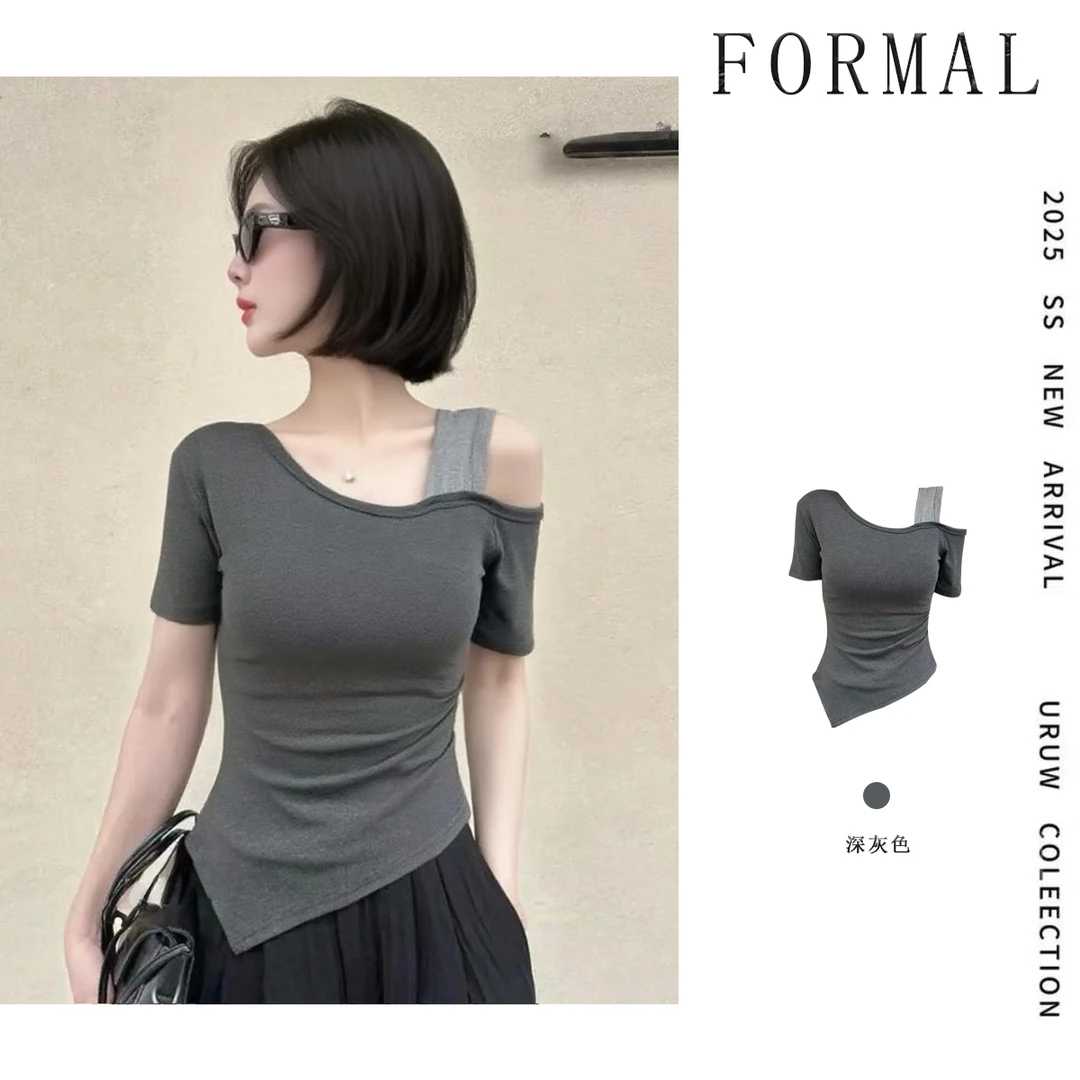 夏季新款小众时尚气质不规则上衣露肩修身显瘦短袖T恤女百搭潮流