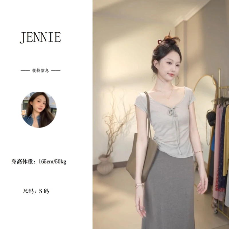 设计感系带领口夏季薄款T恤百搭U领正肩收腰修身气质柔软上衣
