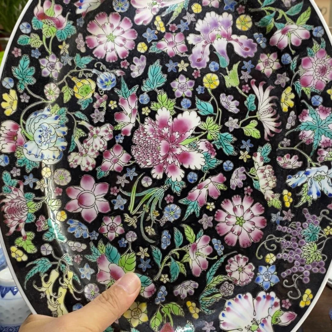 狗***墙摆件外销黑地百花大鱼盘