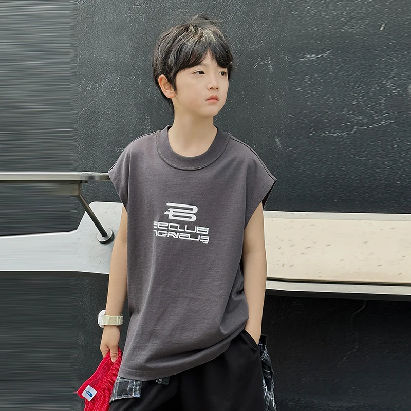 『240g古驰双纱』2025夏季青少年亲子装磨破背心宽松百搭无袖T恤