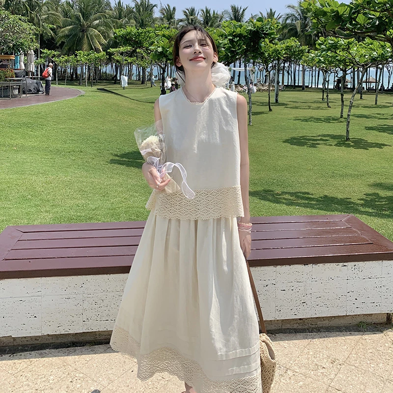 米杏色蕾丝拼接马甲套装裙女夏季2025年新款高腰半身裙气质两件套