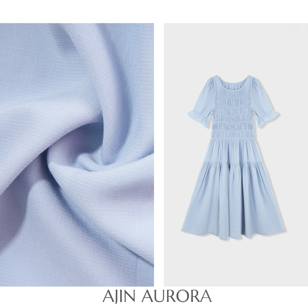 【碧海蓝天】韩版时尚百搭圆领泡泡袖连衣裙夏季新款简约显瘦长裙子