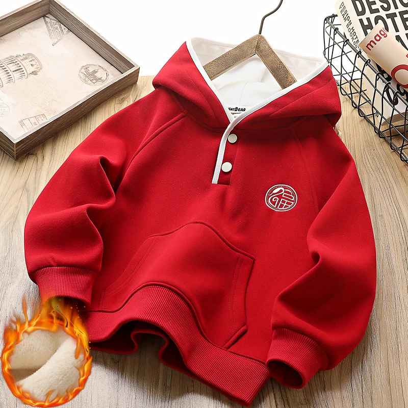 2025新款蛇年童装红色卫衣男孩女孩加绒本命年衣服新年拜年服