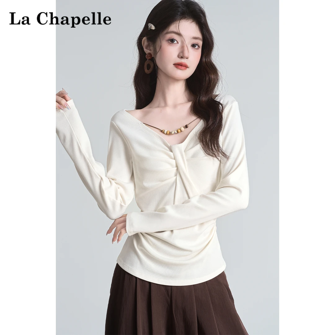 拉夏贝尔正肩纯欲长袖t恤女2025新款v领修身显瘦百搭打底衫上衣秋