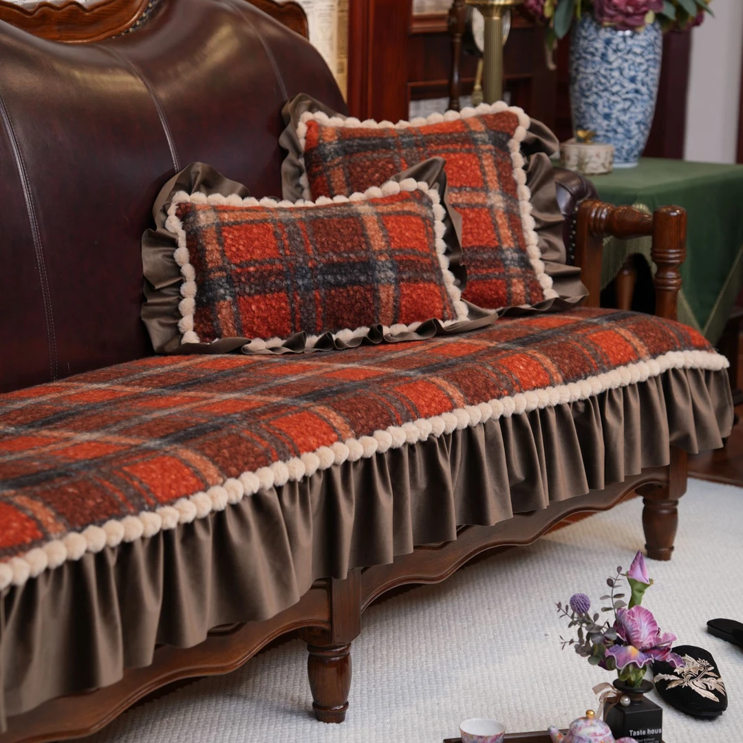 复古红格子沙发垫秋冬美式欧式轻奢适配复古实木皮质沙发防滑坐垫