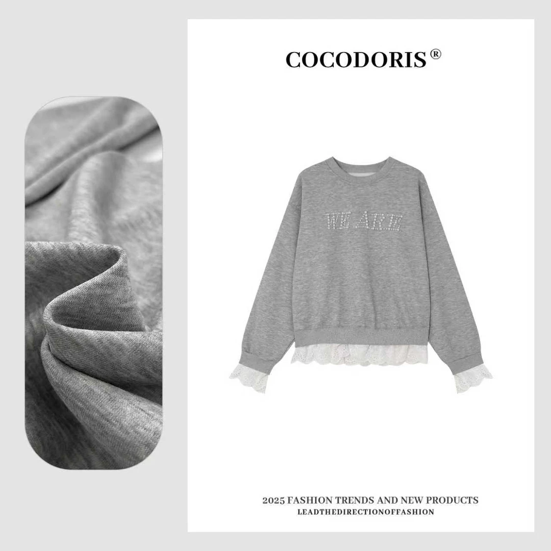 COCO DORIS 2025新款秋季ins风重工字母蕾丝长袖圆领卫衣2523