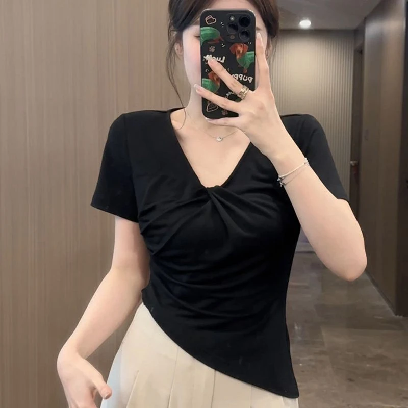 【又又】夏季短袖设计感上衣大码遮肚子藏肉显瘦宽松韩系小众T恤