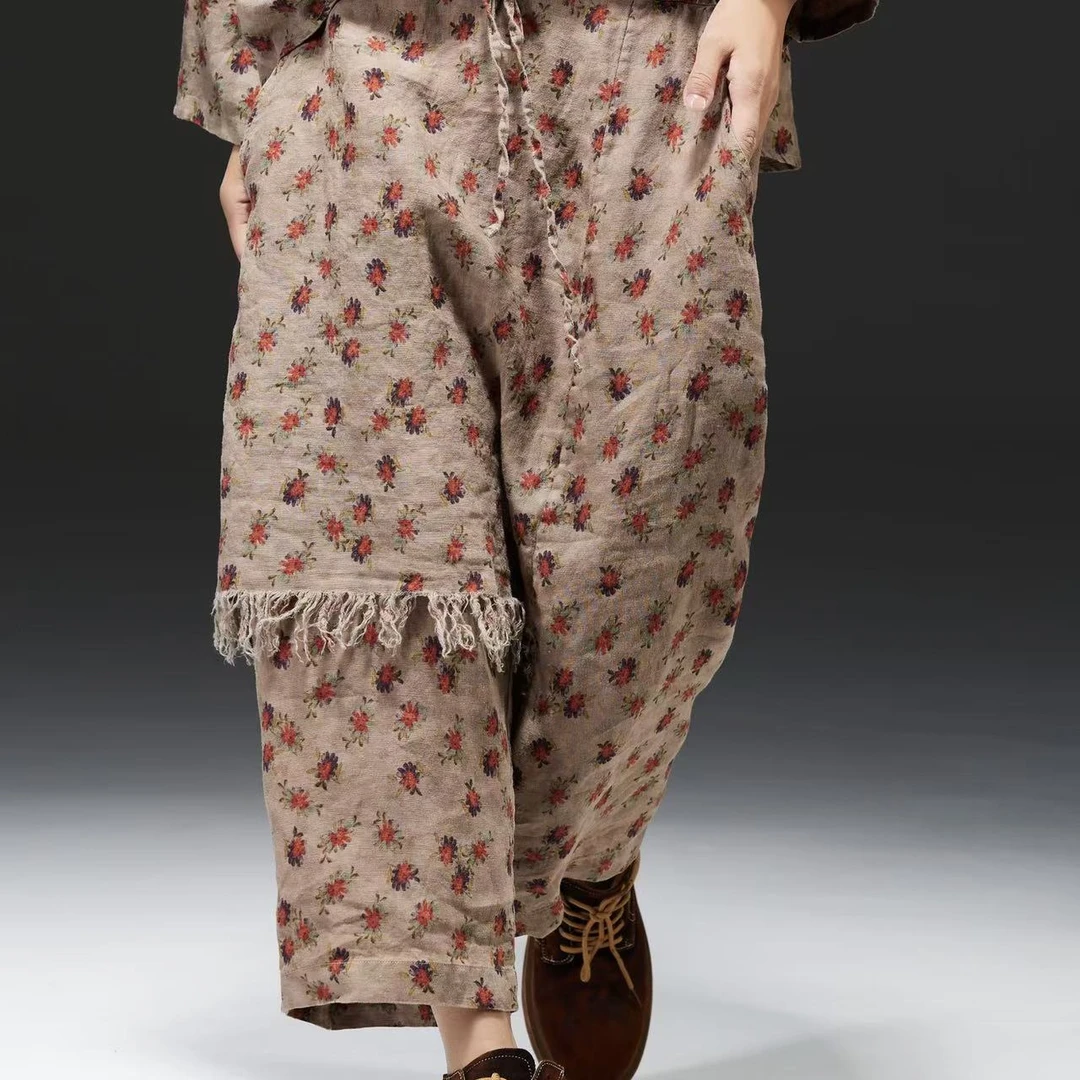 麻依者2025春款印花拼接碎花休闲宽松民族风复古薄款渔夫裤M-040