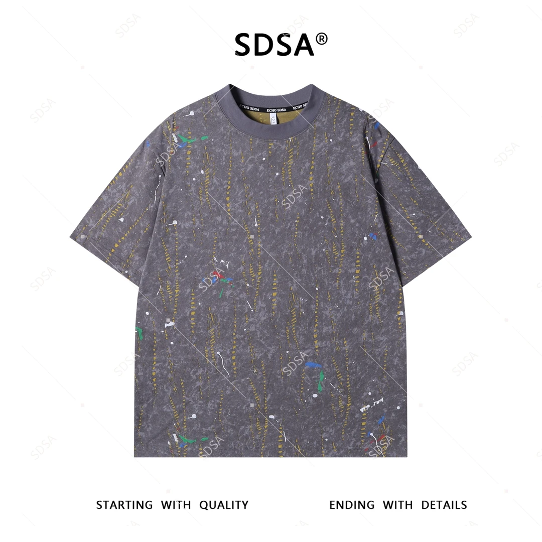 SDSA秋季新款男士痞帅慵懒风割破泼墨撞色设计圆领短袖T恤舒适
