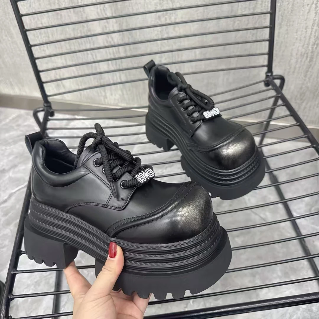 MSDD【8厘米】摇摇底系带小皮鞋百搭秋季时尚松糕底休闲鞋圆头复古