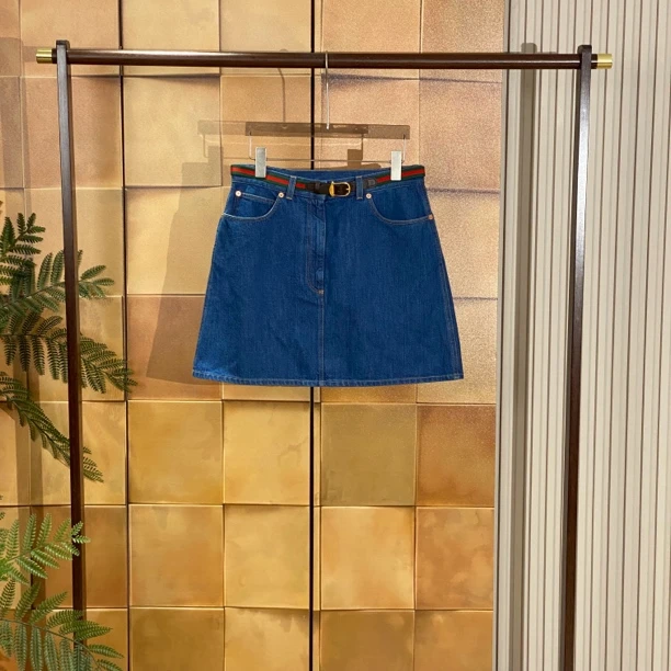 Gucci 23ss新款红绿条纹拼皮腰带牛仔半裙/44码/全新带吊/26046