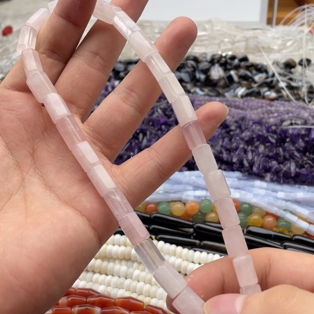 玛瑙/玉髓合金珠宝半成品一条装粉水六棱管珠8*11mm