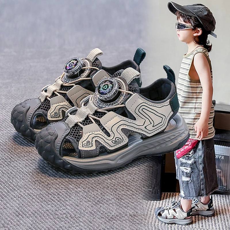 夏轻便透气男童凉鞋包头网面旋钮扣沙滩凉鞋男孩6-12岁中大童防滑