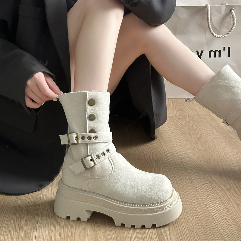 三福真皮马丁鞋女2025冬季新款美拉德时尚短靴加棉骑士靴中筒两穿