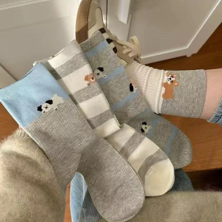 蓝灰色拼接袜子女2025新款爆款日系条纹韩系ins卡通小狗中筒袜J
