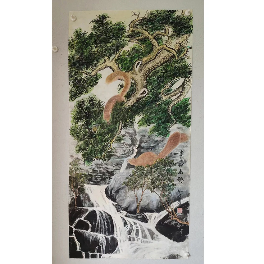 3063  纯手绘老字画《青松幽趣》中堂  尺寸 137×68