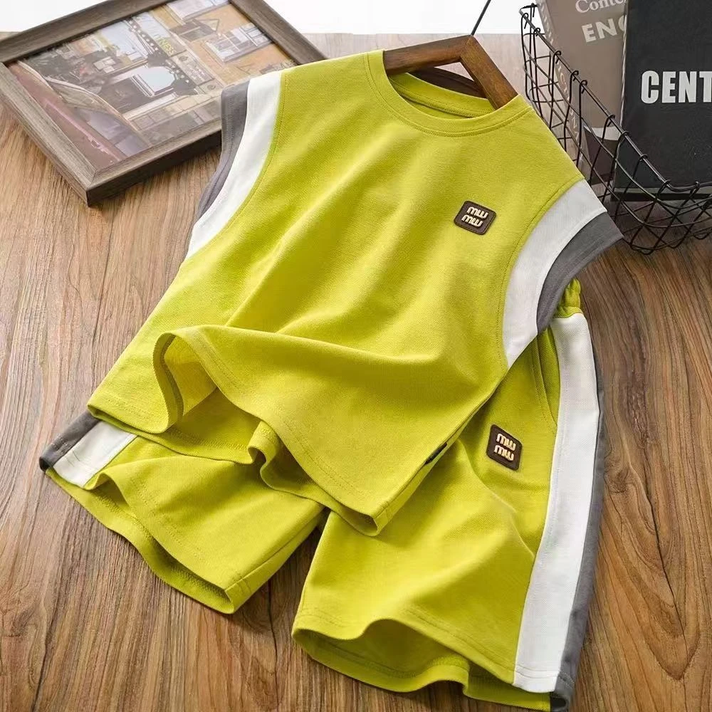 男童夏季速干背心套装拼接设计洋气休闲薄款两件套