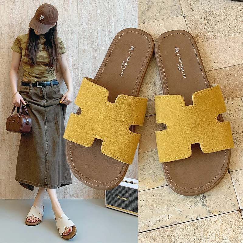 勃肯拖鞋女夏外穿2025新款高级感黄色软平底沙滩凉鞋时尚一字凉拖