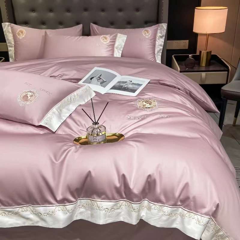 【安吉丽娜】豆沙生态棉刺绣四件套轻奢时尚绣花被套四件套安吉丽娜