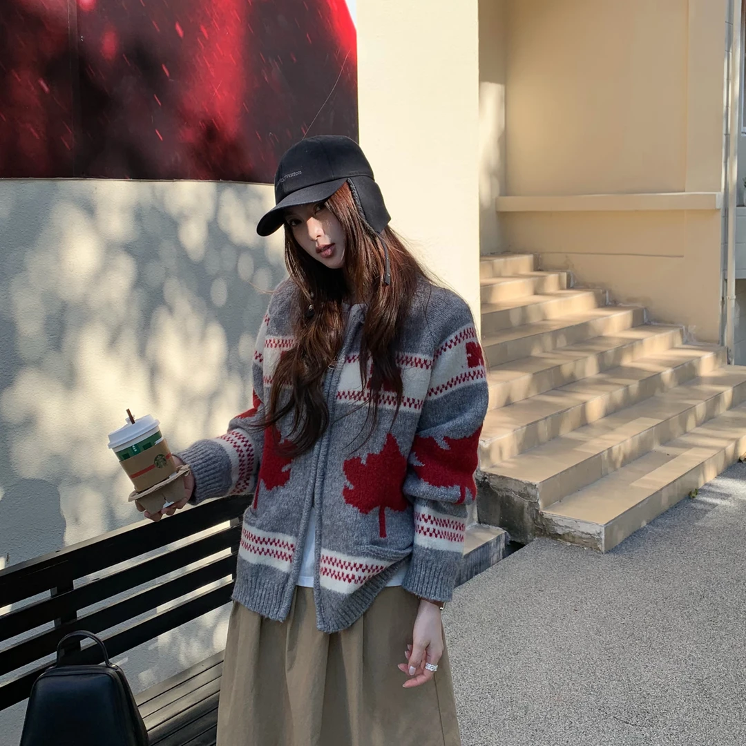 慵懒正好～韩系复古厚实小翻领双头拉链毛衣外套秋冬宽松百搭撞色