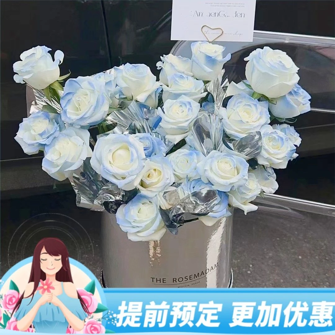 【都是温柔的】21枝碎冰蓝玫瑰抱抱桶送朋友送闺蜜网红款生日花束一束