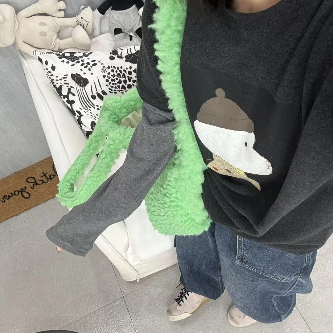 SISTERS【彩扣狗狗】深灰色帽子狗狗插肩袖磨毛长袖T