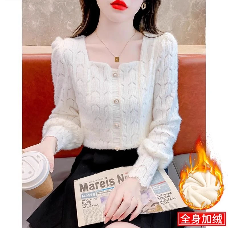 加绒加厚蕾丝打底衫女秋冬新款韩版小衫方领洋气内搭小衫时尚上衣