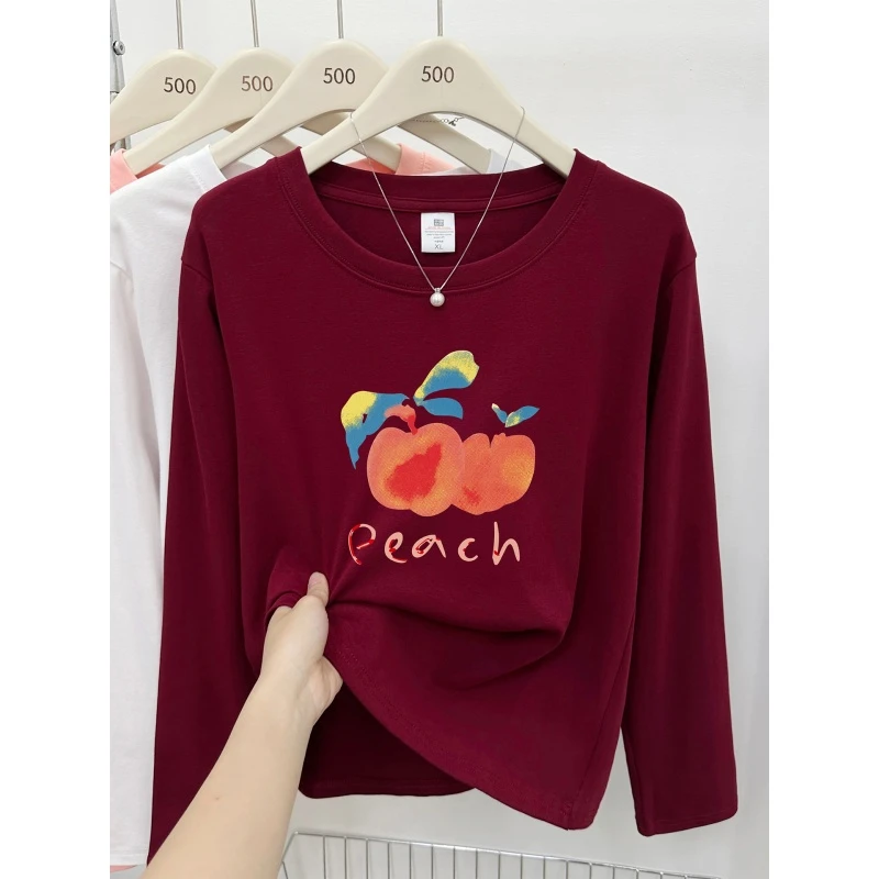 酒红色正肩长袖t恤胖mm大码女装穿搭秋冬季百搭圆领打底衫上衣服