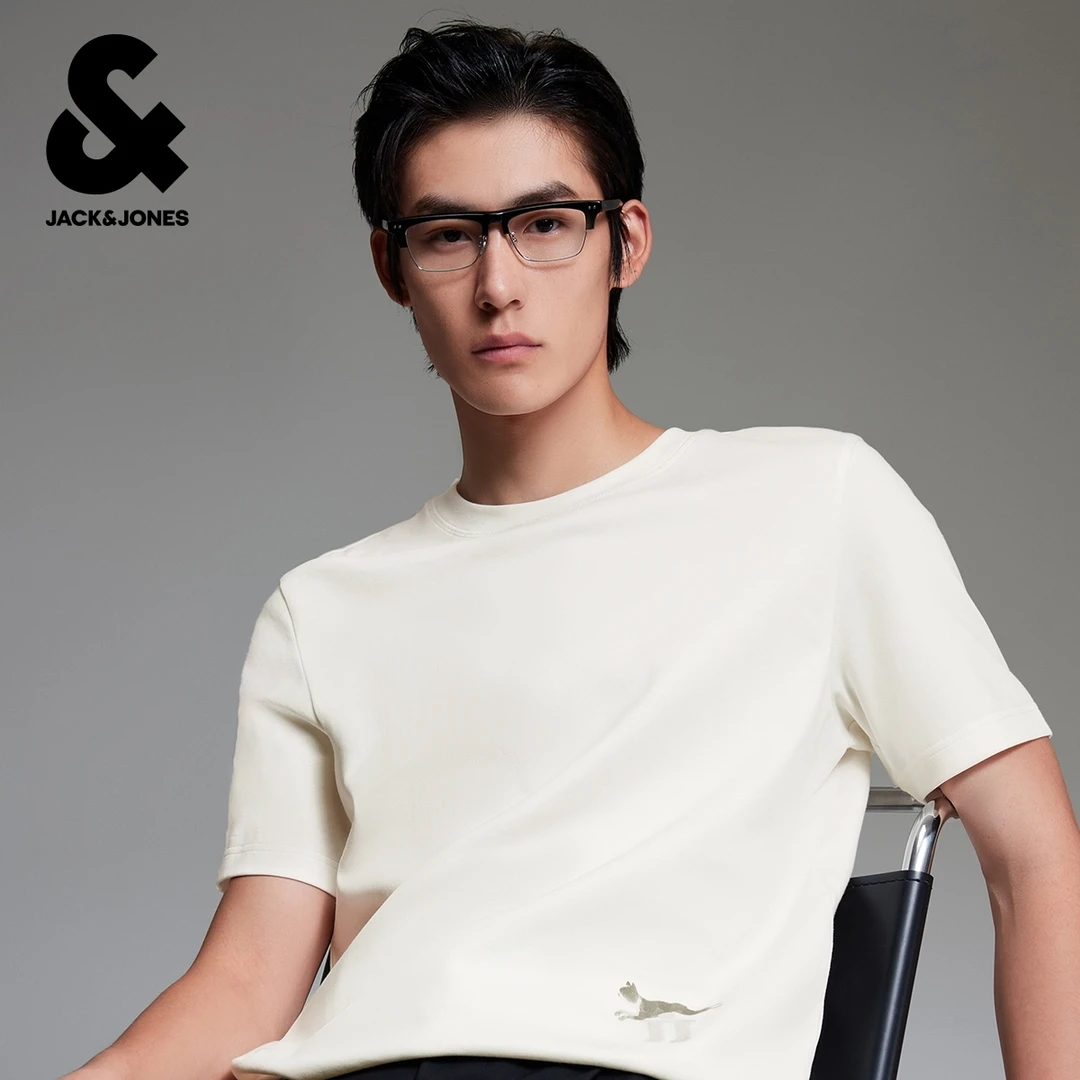 杰克琼斯男装秋季时尚潮纯棉法斗狗植绒刺绣百搭舒适短袖T恤上衣