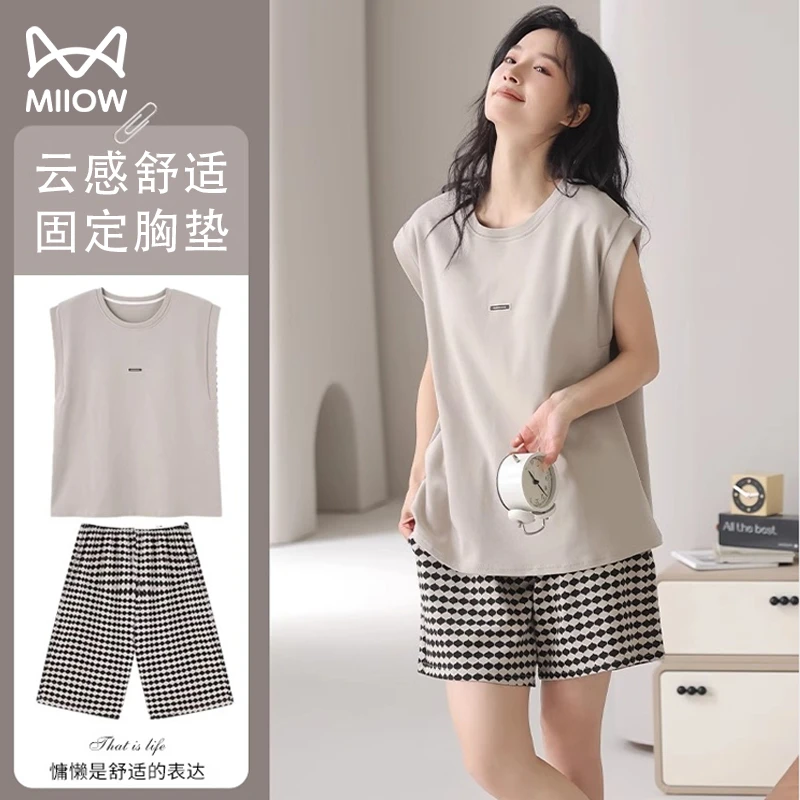 猫人女款睡衣纯棉夏季透气无袖家居服带胸垫背心款2025新款可外穿