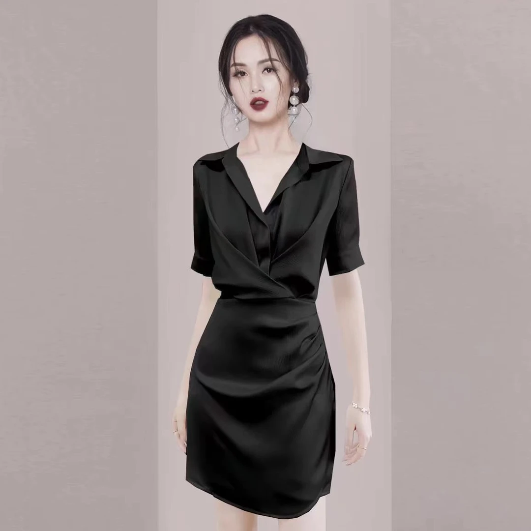 2025年夏新款翻领气质百搭收腰褶皱衬衫裙连衣裙小黑裙宴会小礼服