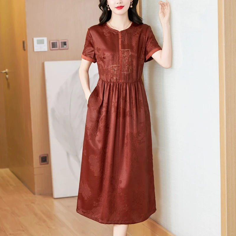 香云纱连衣裙年轻款妈妈喜婆婆婚宴装可穿礼服100%桑蚕丝连衣裙