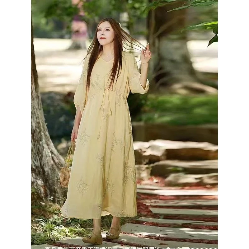 一体式内衬苎麻连衣裙女夏纯色V领刺绣高腰线系带收腰长裙XL 9339