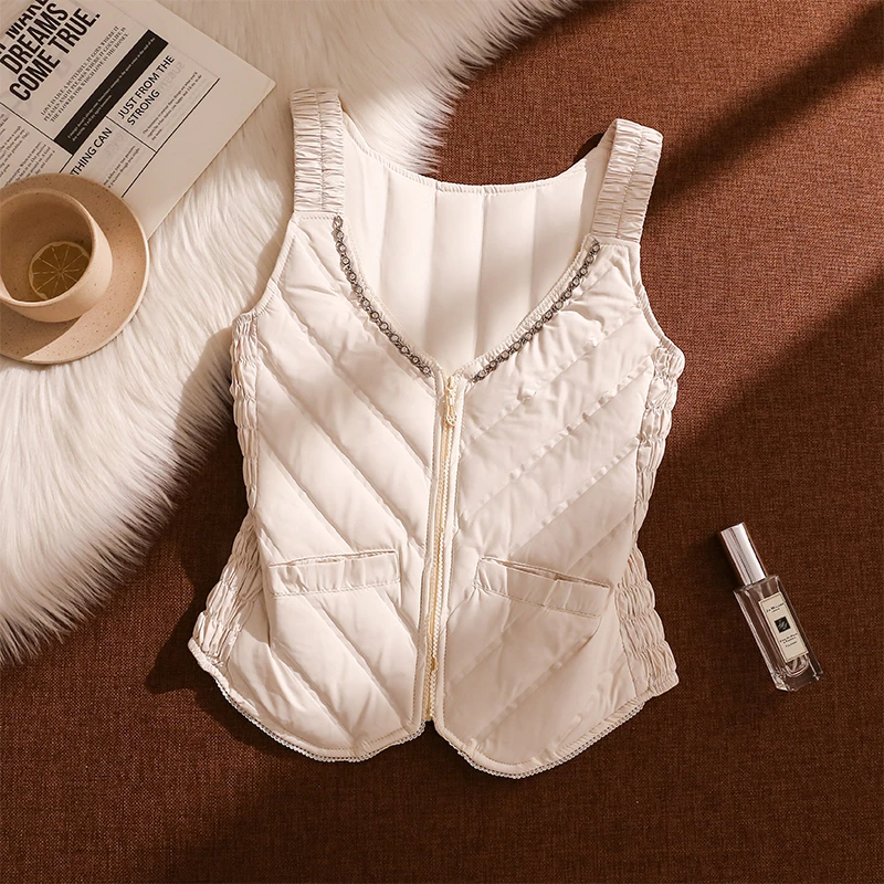 高级感秋冬新款V领闪钻羽绒背心马甲女外搭叠穿轻薄保暖坎肩上衣