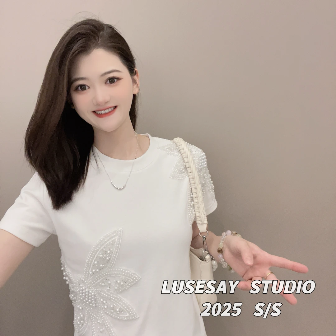 LUSESAY 重工蕾丝钉珠刺绣 夏季2025新款 短袖t恤女百搭休闲上衣