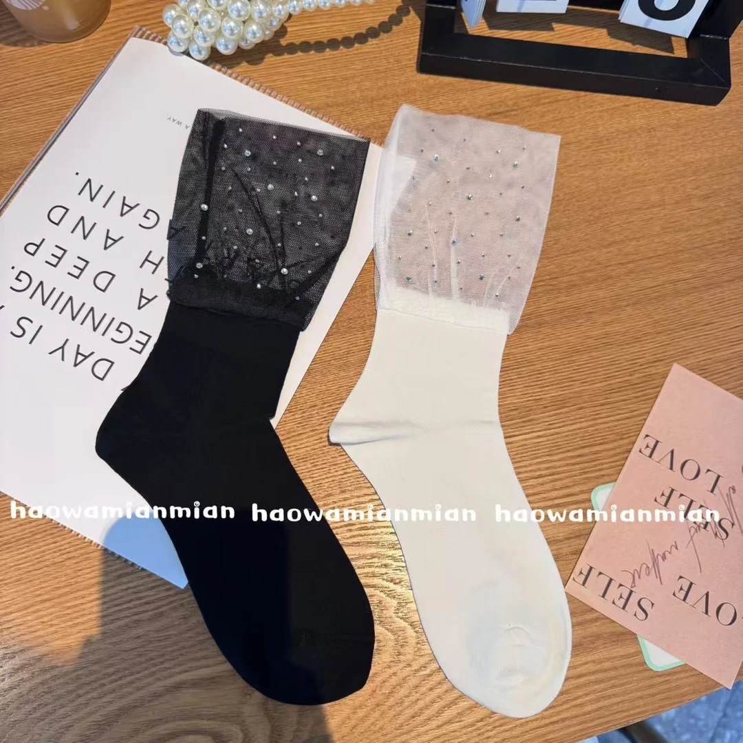 日系网纱拼接奢华水钻满天星袜子女中筒雷丝甜美蕾丝堆堆袜